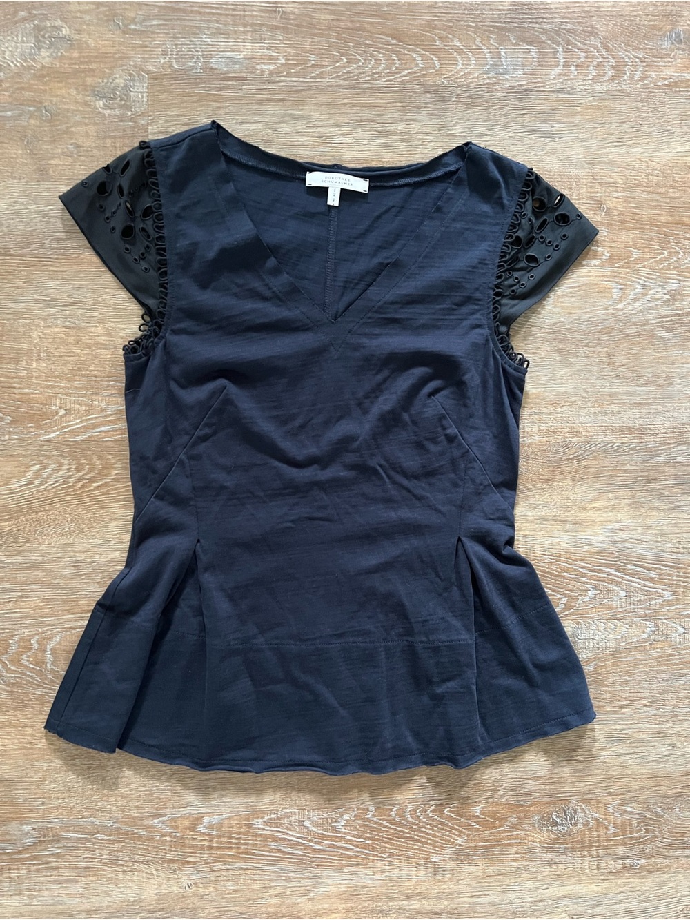 Black Eyelet Sleeve V-Neck Women's Top
